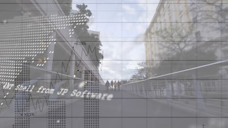 Animation-of-graphs,-map-and-computer-language,-time-lapse-of-walking-people-against-buildings