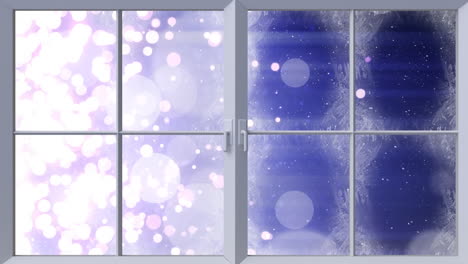 Animation-of-window-over-snow-falling-and-light-spots-at-christmas