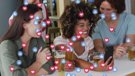 Animation-of-social-media-icons-over-group-of-diverse-friends-enjoying-beers-and-having-a-videocall
