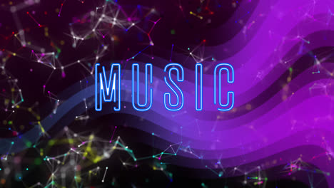 Animation-of-music-text-over-wave-pattern-against-connected-dots-on-abstract-background