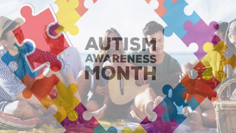 Animation-of-autism-awareness-month-text-and-puzzle-pieces-over-happy-diverse-friends