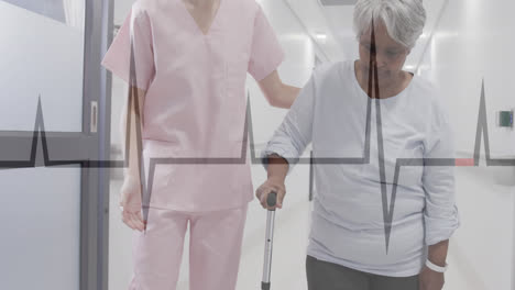 Animación-Del-Cardiógrafo-Sobre-Diversas-Pacientes-Y-Enfermeras-Mayores-Caminando-Con-Bastón