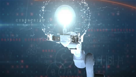 Animation-Eines-Netzwerks-Von-Verbindungen-über-Einem-Roboterarm,-Der-Eine-Leuchtende-Glühbirne-Gegen-Die-Datenverarbeitung-Hält