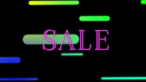 Animation-of-neon-sale-text-against-gradient-lines-moving-in-seamless-pattern-on-black-background