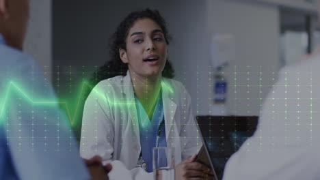 Animation-of-heart-rate-monitor-against-biracial-female-doctor-discussing-with-her-team-at-hospital