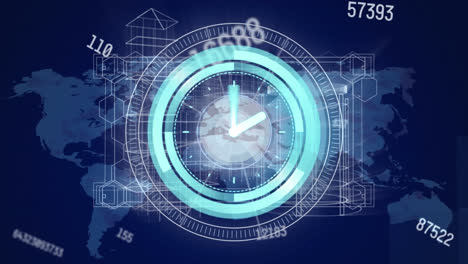 Animation-of-neon-ticking-clock,-changing-numbers-and-round-scanner-against-blue-background