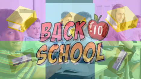 Animation-of-back-to-school-text-and-icons-over-diverse-schoolchildren