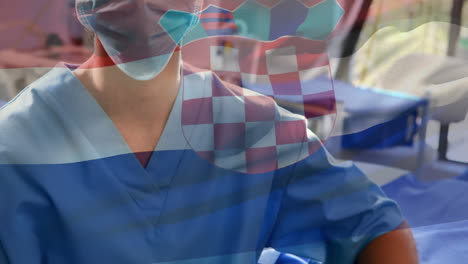 Animation-of-croatia-flag-over-portrait-of-caucasian-female-surgeon-in-surgical-mask-at-hospital