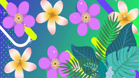 Animation-Von-Geometrischen-Formen-über-Blumen,-Plantage-Vor-Funkelndem-Hintergrund-Mit-Farbverlauf
