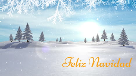 Animación-Del-Texto-Feliz-Navidad-Y-Nieve-Cayendo-Sobre-Los-árboles-En-El-Paisaje-Invernal