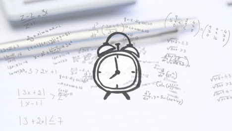 Animation-of-alarm-clock-icon-and-mathematical-equations-over-spinning-calculator,-pen-and-notepad