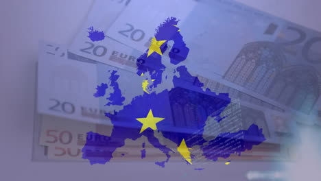 Animación-De-Ondear-La-Bandera-De-La-UE-Sobre-El-Mapa-De-La-UE-Contra-Un-Primer-Plano-De-Billetes-En-Euros