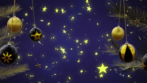 Swinging-black-and-gold-christmas-baubles-and-yellow-stars-on-blue-background,-copy-space