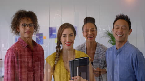 Animation-of-statistical-data-processing-against-portrait-of-diverse-colleagues-smiling-at-office