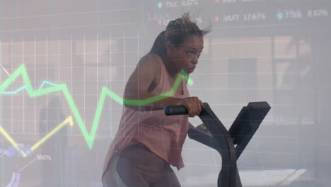 Animation-of-data-processing-on-graph-over-biracial-woman-cross-training-on-elliptical-at-gym