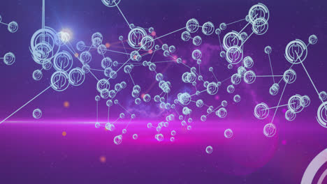 Animation-of-icons-connected-with-lines-over-lens-flares-against-gradient-background