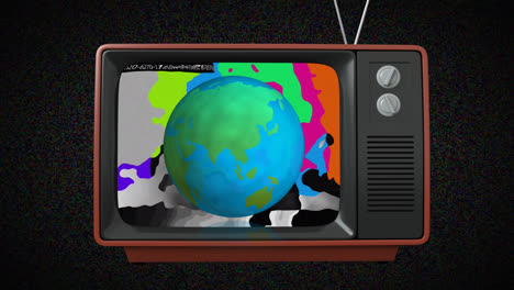 Animation-of-vintage-tv-with-globe-on-colorful-background