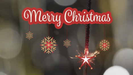 Animation-of-merry-christmas-text-over-decorations-and-yellow-spots-of-light-background