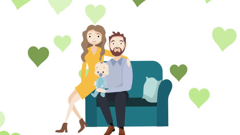 Animation-of-parents-with-baby-on-sofa-over-white-background-with-hearts