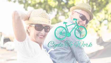 Animation-of-cycle-to-work-text-with-bicycle-icon-over-senior-caucasian-couple