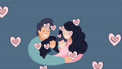 Animation-of-happy-biracial-parents-and-children-over-blue-background-with-hearts