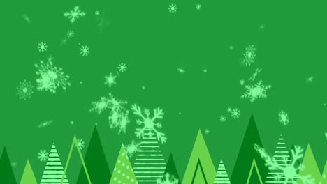 Animation-of-christmas-trees-and-snow-falling-on-green-background