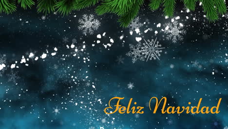 Animation-of-feliz-navidad-text,-shooting-star-and-snowflakes-against-dark-sky-with-copy-space