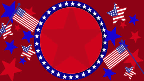 Animation-of-circle-with-copy-space,-stars-and-flags-of-united-states-of-america-on-red-background