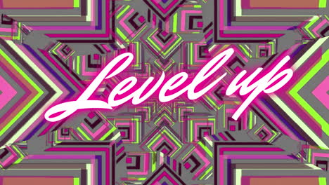 Animation-of-level-up-text-over-looping-geometric-pattern-against-abstract-background