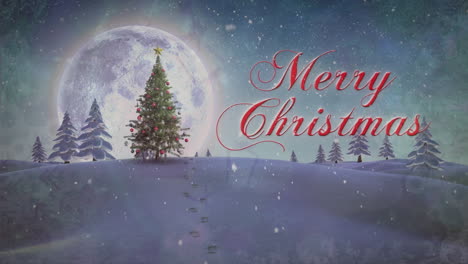 Animation-of-snow-falling-over-merry-christmas-text-against-christmas-tree-on-winter-landscape