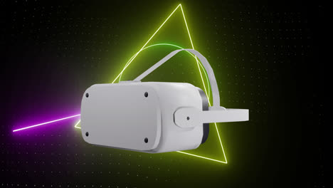 Animation-Eines-VR-Headsets-über-Leuchtenden-Neonformen,-Die-Sich-Auf-Schwarzem-Hintergrund-Bewegen