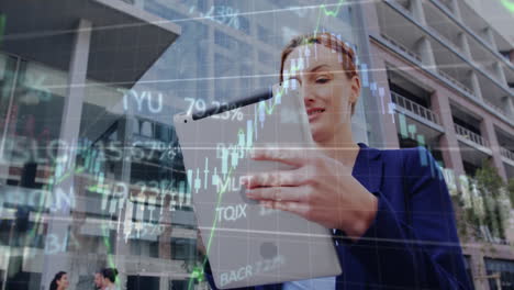 Animation-of-stock-market-data-processing-against-caucasian-woman-using-tablet-outside-office