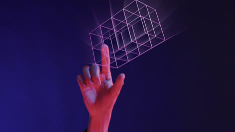 Animation-of-glowing-3d-shapes-of-data-transfer-over-hand-of-asian-man