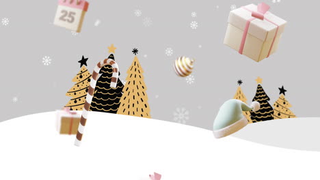 Kalender-Mit-25-Text,-Weihnachtskugeln-Geschenke-Und-Zuckerstangen-über-Winterlandschaft-Mit-Schnee-Und-Bäumen