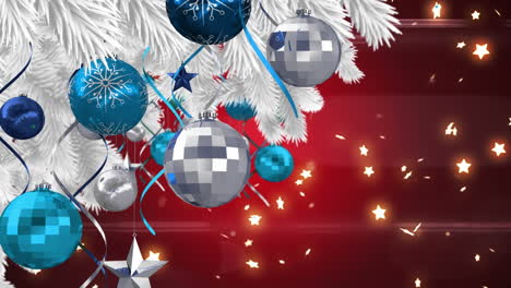 Animation-Eines-Geschmückten-Weihnachtsbaums-Und-Beleuchteter-Sterne-Auf-Rotem-Hintergrund