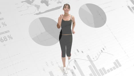 Animation-of-statistical-data-processing-over-caucasian-fit-woman-running-against-white-background