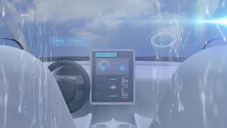 Animation-Der-Datenverarbeitung-Und-Des-Verbindungsnetzwerks-über-Dem-Innenraum-Eines-Selbstfahrenden-Autos-Und-Blauem-Himmel
