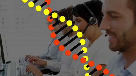 Animation-of-dna-helix-over-diverse-customer-service-agents-talking-on-headphone-and-using-computer