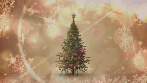 Animation-Von-Schneeflocken,-Die-Vor-Lichtpunkten-über-Einen-Geschmückten-Weihnachtsbaum-Fallen