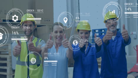 Animation-of-data-processing-over-diverse-supervisors-and-workers-showing-thumbs-up-at-warehouse