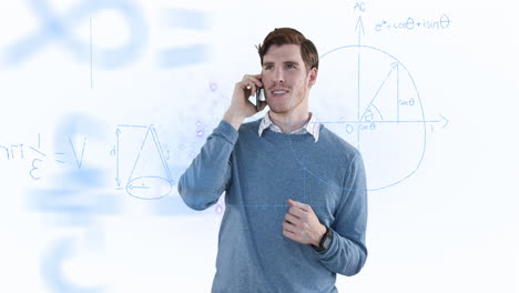Animation-of-mathematical-equations-floating-over-caucasian-man-talking-on-smartphone