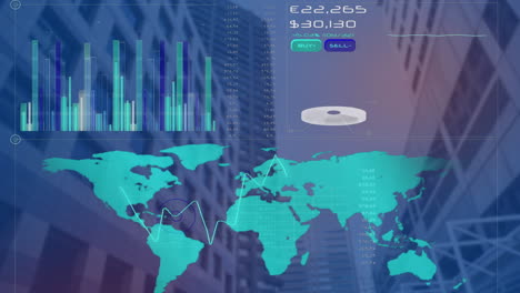 Animation-Der-Verarbeitung-Finanzieller-Daten-über-Einer-Weltkarte-Und-Einer-Stadtansicht