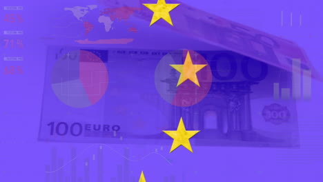 Animation-Von-Sich-Drehenden-Sternen-Auf-Der-EU-Flagge,-Statistische-Datenverarbeitung-Vor-Nahaufnahme-Von-Euro-Scheinen