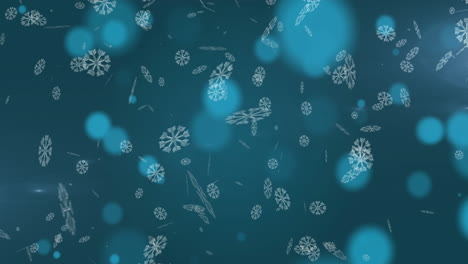 Animation-Von-Schneeflocken,-Die-Gegen-Leuchtende-Lichtpunkte-Auf-Blauem-Hintergrund-Mit-Kopierraum-Fallen