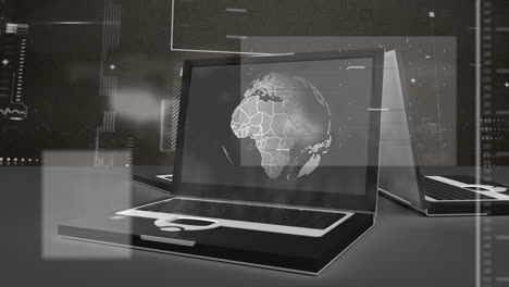 Animation-Eines-Laptops-Mit-Globus-über-Der-Datenverarbeitung-Im-Grauen-Raum