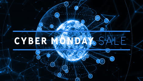 Animation-of-cyber-monday-sale-text-and-icons-around-globes,-connected-dots-on-black-background