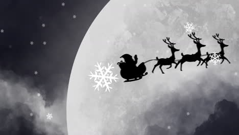 Animation-of-snowflakes-and-santa-claus-riding-sleigh-with-reindeers-over-close-up-of-moon