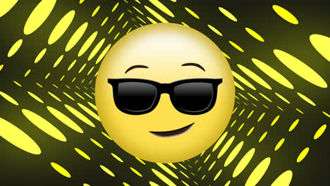 Animation-of-smiling-emoji-icon-with-sunglasses-over-neon-tunnel