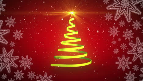 Animation-of-light-spot-over-ribbon-forming-a-christmas-tree-against-snowflakes-on-red-background
