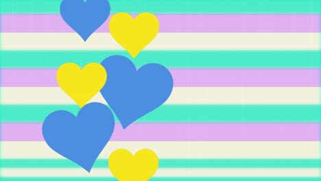 Animation-of-yellow-and-blue-hearts-rising-over-moving-pastel-stripes
